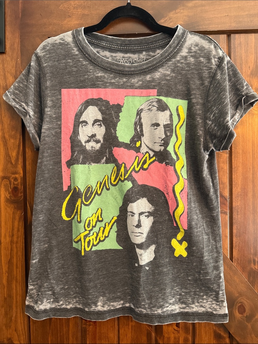Recycled Karma Gray Band Tee with Neon Pink, Green & Yellow Print